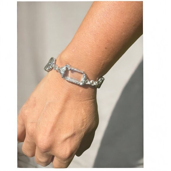 Vintage Anchor Hocking Lead Crystal Glass & Silver Blend Bezels Artisan Bracelet - Picture 4 of 16